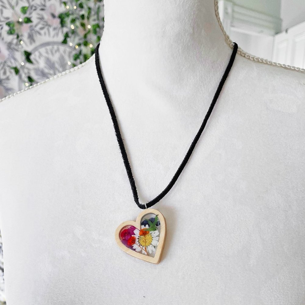Heart shaped rainbow pride colorful floral botanical resin necklace wooden frame